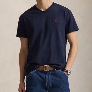 Polo Ralph Lauren Men’s V-Neck T-Shirt Classic Fit Navy W/ Red Logo Size Large